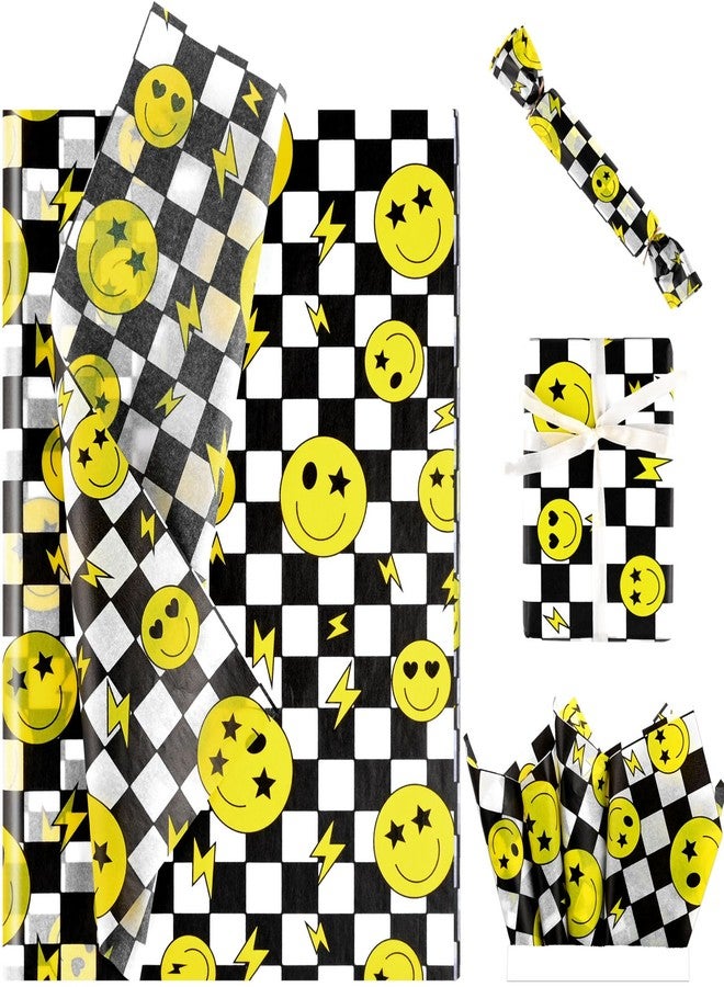 Bolsome 100 Sheets One Happy Dude Tissue Paper for Gift Bags, Black Yellow Smiley Faces Lightning Printed Wrapping Tissue Paper for Baby Shower Birthday Party DIY Crafts - Image 1